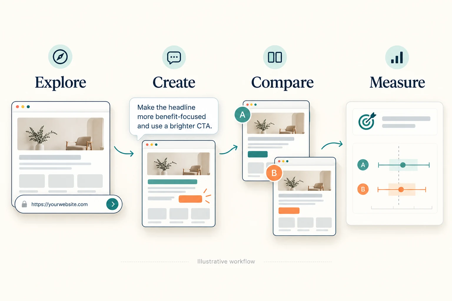 Illustrative workflow: explore a page, create changes, compare A and B, measure a conversion goal